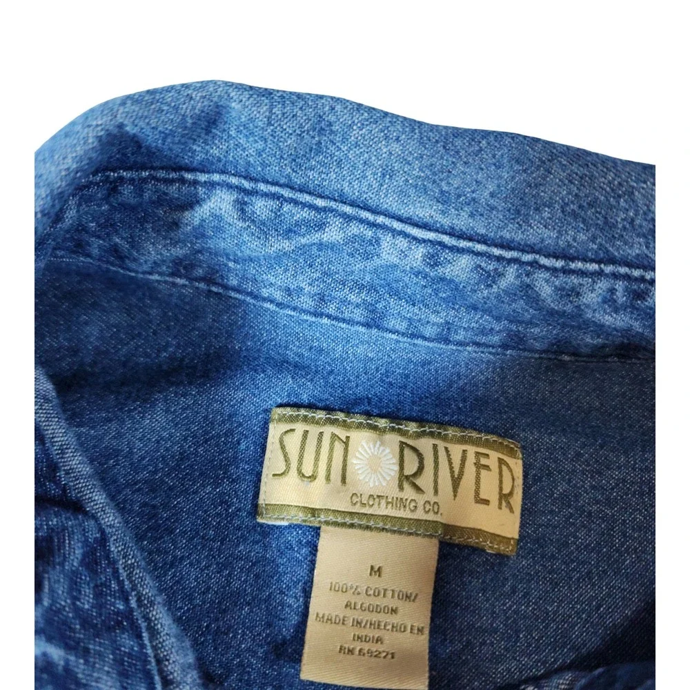 Sun River‎ Mens Blue Denim Bass Fish Embroidered Short Sleeve Shirt Medium